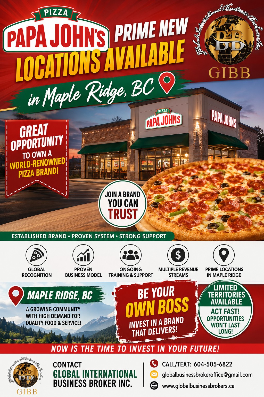 Prime Papa John's Franchise Opportunities Now Available in Maple Ridge, British Columbia